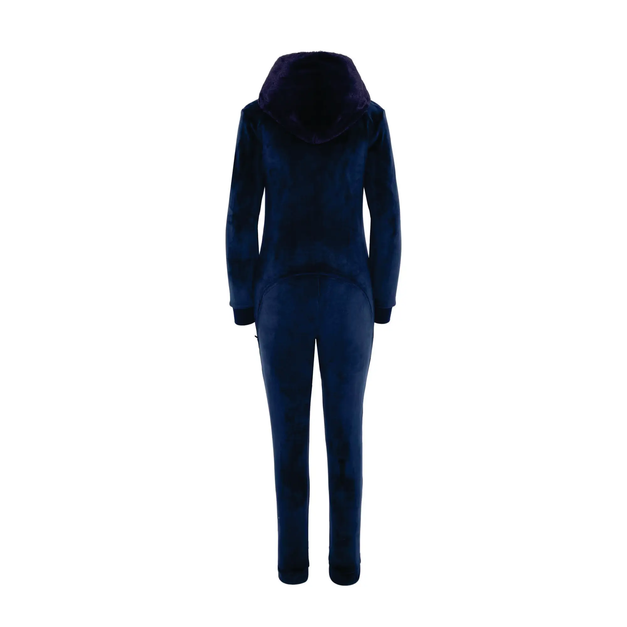 100% Polyester One Way Zipper Opening Front Kangaroo Pocket Navy Women Alps Soft Velvet Fitted Jumpsuit