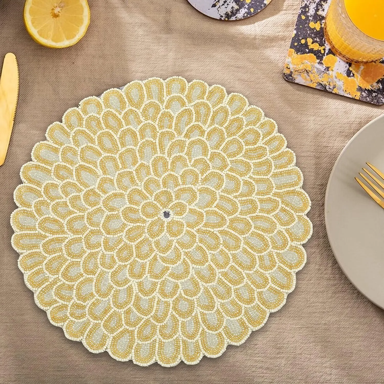 Glass Bead Placemat Classic Style Multi Color Embroidered Table Mat At Budget Friendly Price