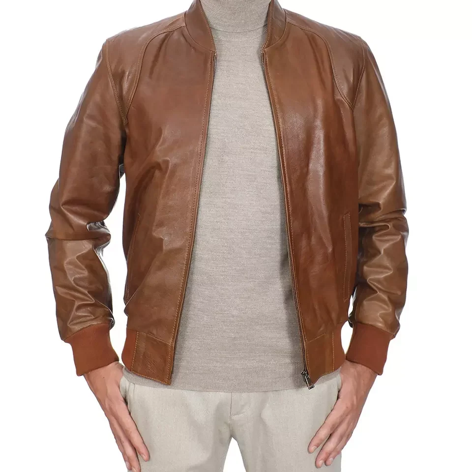 Pakistan Top Quality Manufacture Brown Leather Bomber Jacket Premium Lambskin Burnishing Men Leather jackets