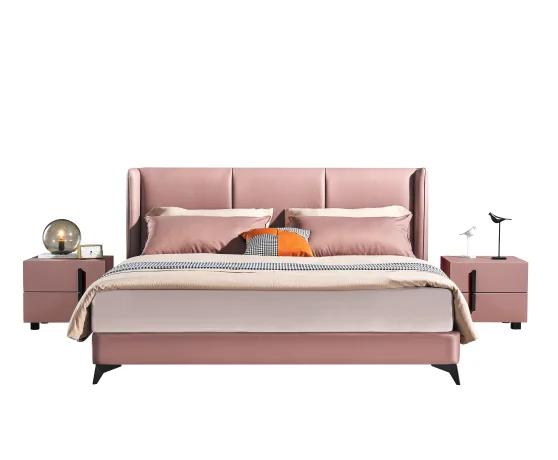 Manufacturer Wholesale High Quality Pink Queen Size King Size Bed Bedroom Set Leather Bed