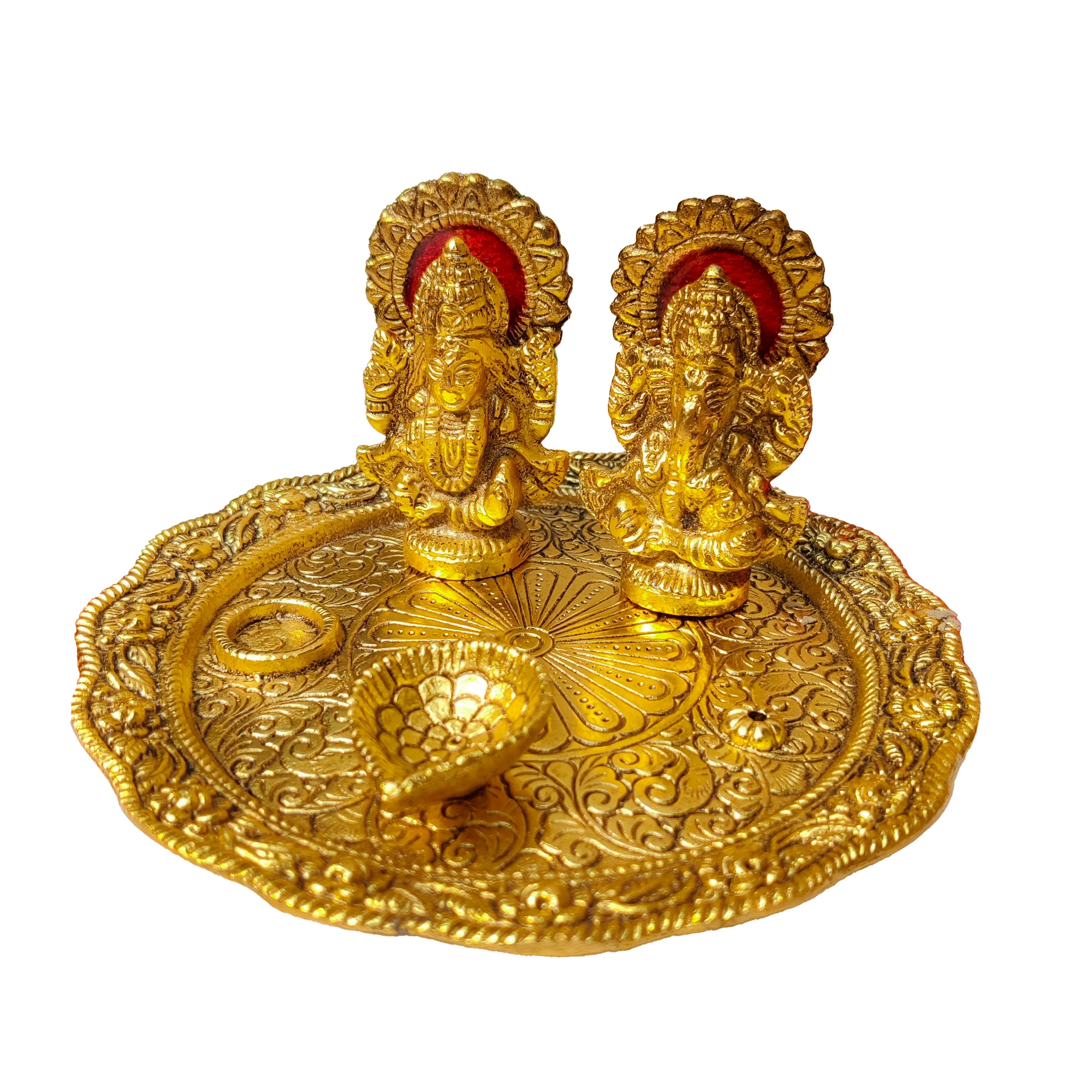 Brass puja plate gold plated puja gift set Plate aarti thali Golden Brass Pooja Article for Diwali Home Decor Temple Office 6-in