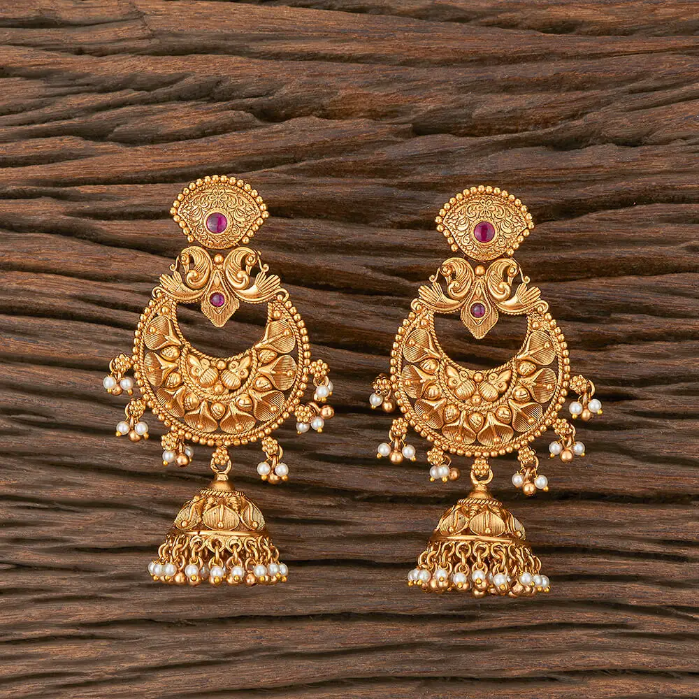 Antique Matte Gold Plated Chand Style Long Jhumki Earring 217280 With Pearls Wholesalers in India