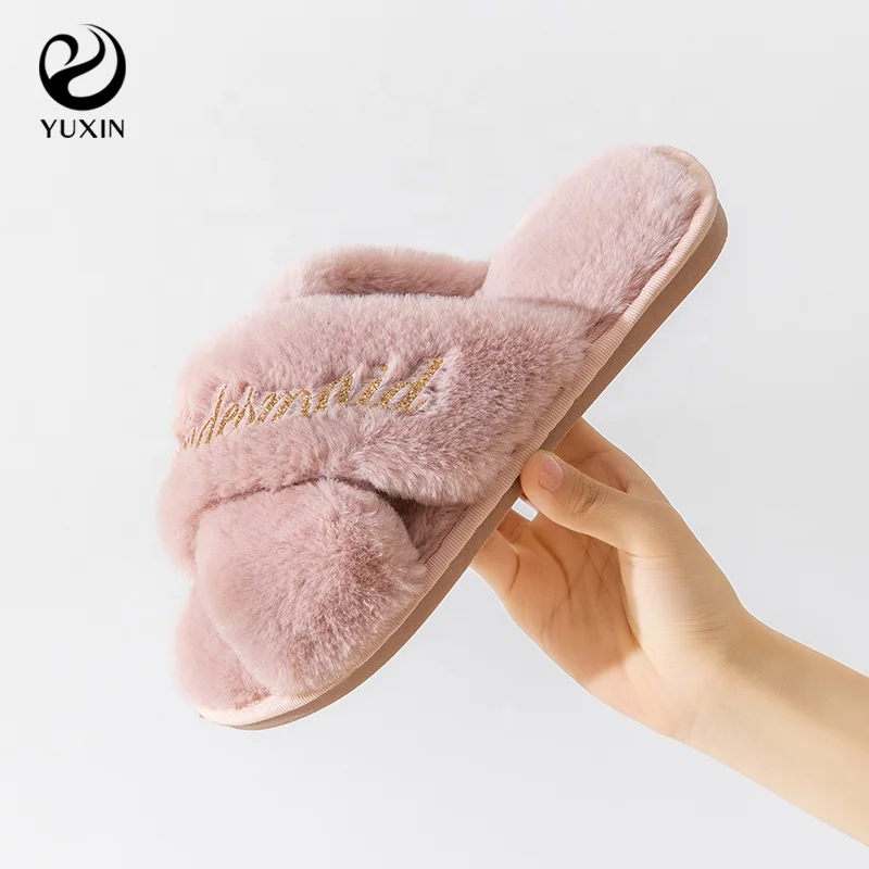 Fluffy Bride Slippers Fall Cross Fluffy Slipper Bridesmaid Gift Slipper for Women Bachelorette Party Gift