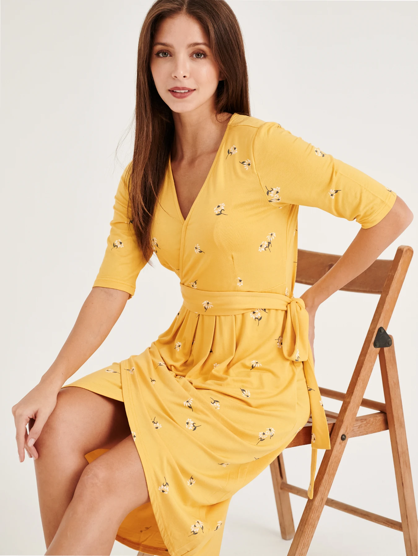 Custom Made Yellow Midi Length Casual Dresses for Pregnant Women Soft Modal Fabric Overlay Maternity Clothes