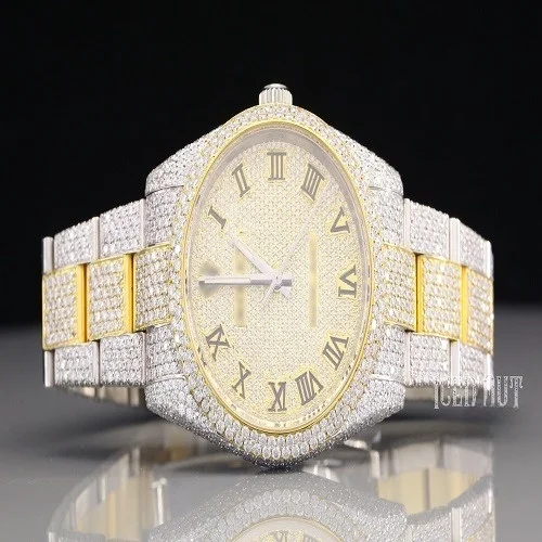 Antique Full Ice Out Natural Diamond Luxurious Watch For Men Stainless Steel Model 14K White Gold Unique Watch For Teens And Men