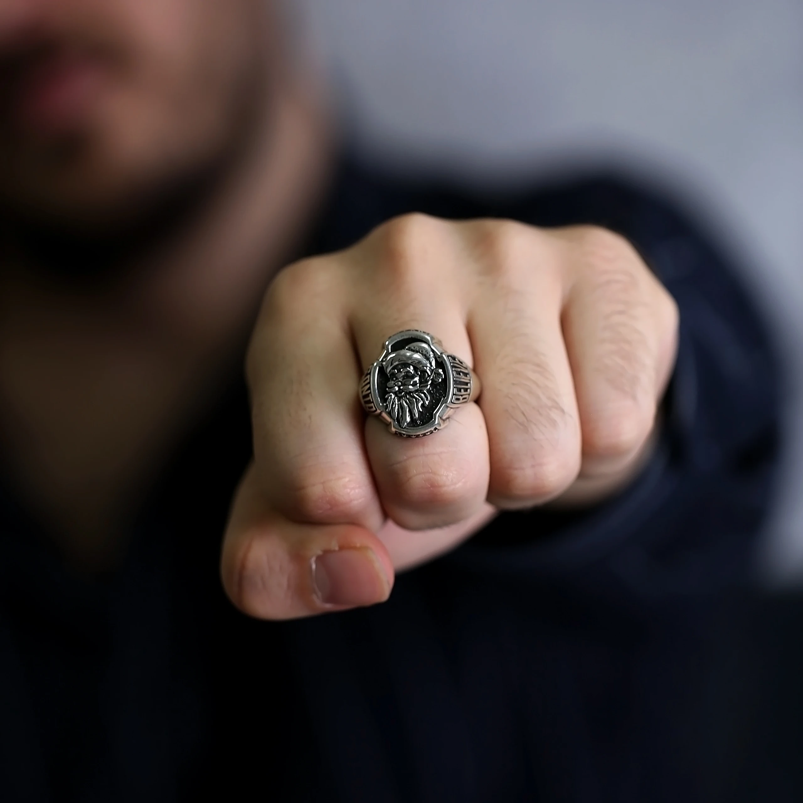 Santa Claus Believe Oxidized Wholesale Turkish Handmade 925 Sterling Silver Handcrafted Men Rings Jewelry