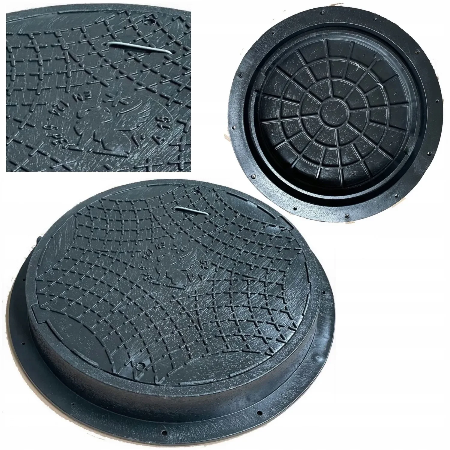 Black Plastic Sewer Manhole Cover for Well Round 5T or Septic Water Tank 80/60 cm A50 Lock PE with