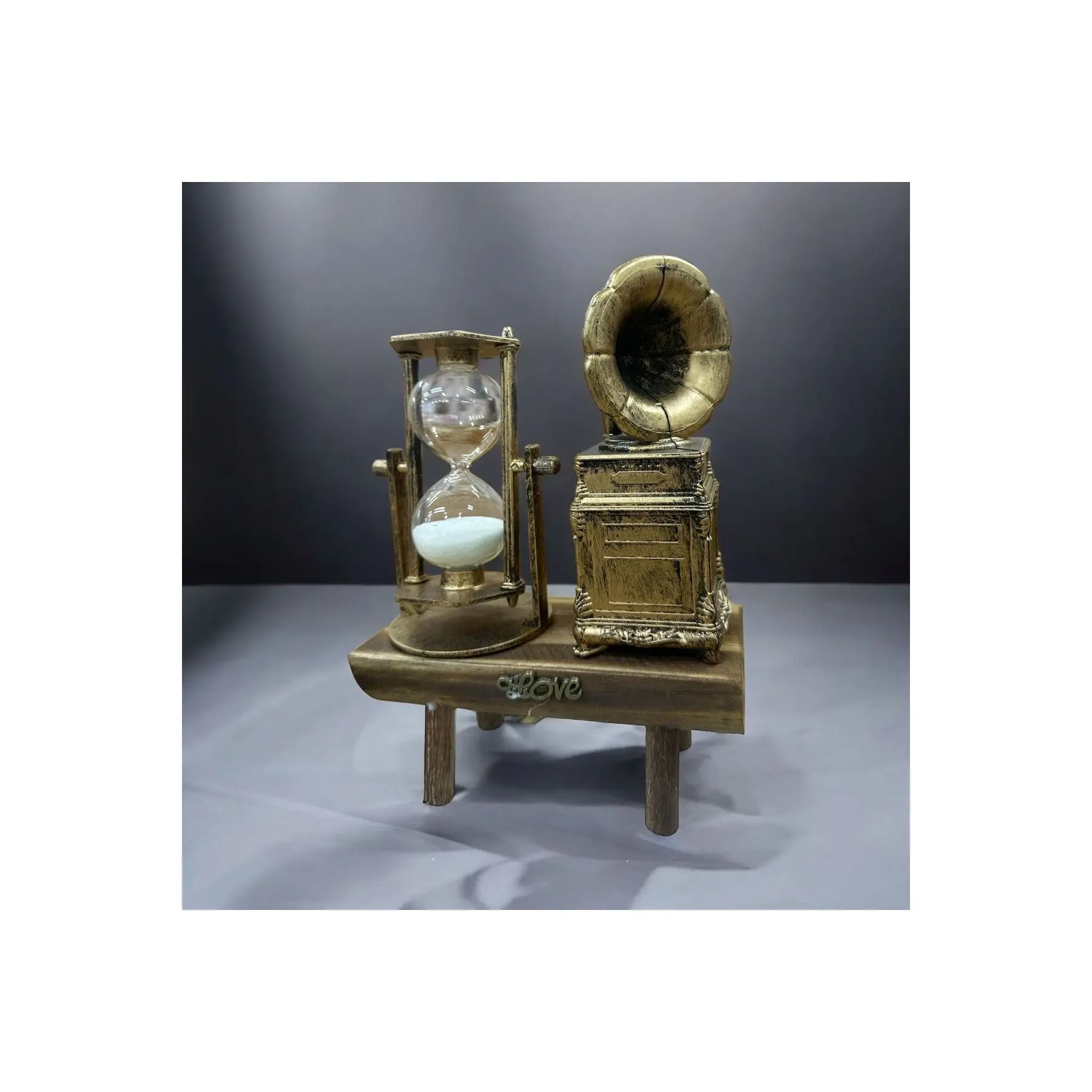 Antique Looking Gramophone and Hourglass Figurine with Wooden Stand