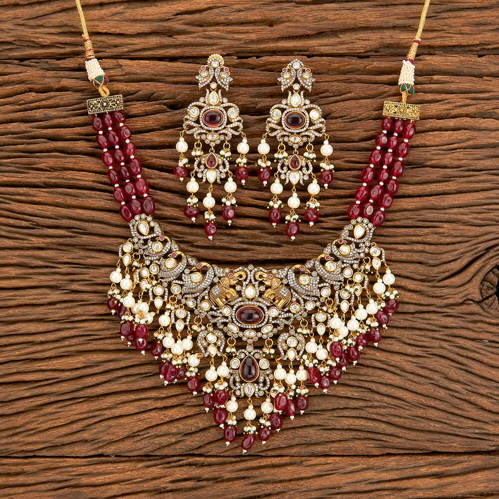 Luxury Kundan Pearl Beaded Necklace Set With Mehndi Plating Polki Jewellery For Bridal Look
