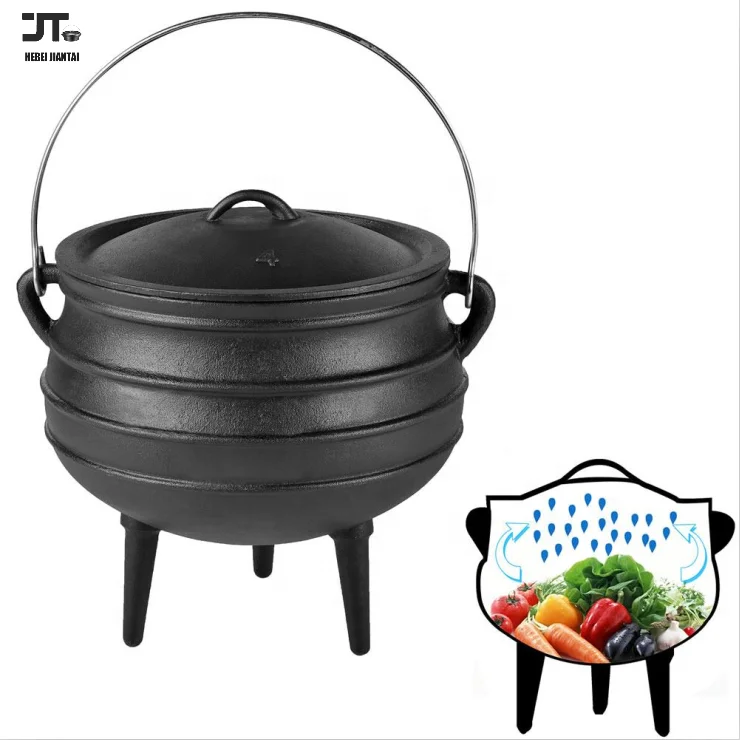 Pre-Seasoned Cast Iron 6L Three-legged Cauldron Potjie African Pot Heavy-Duty Tripod Cookware with Lid Metal Handle for Camping