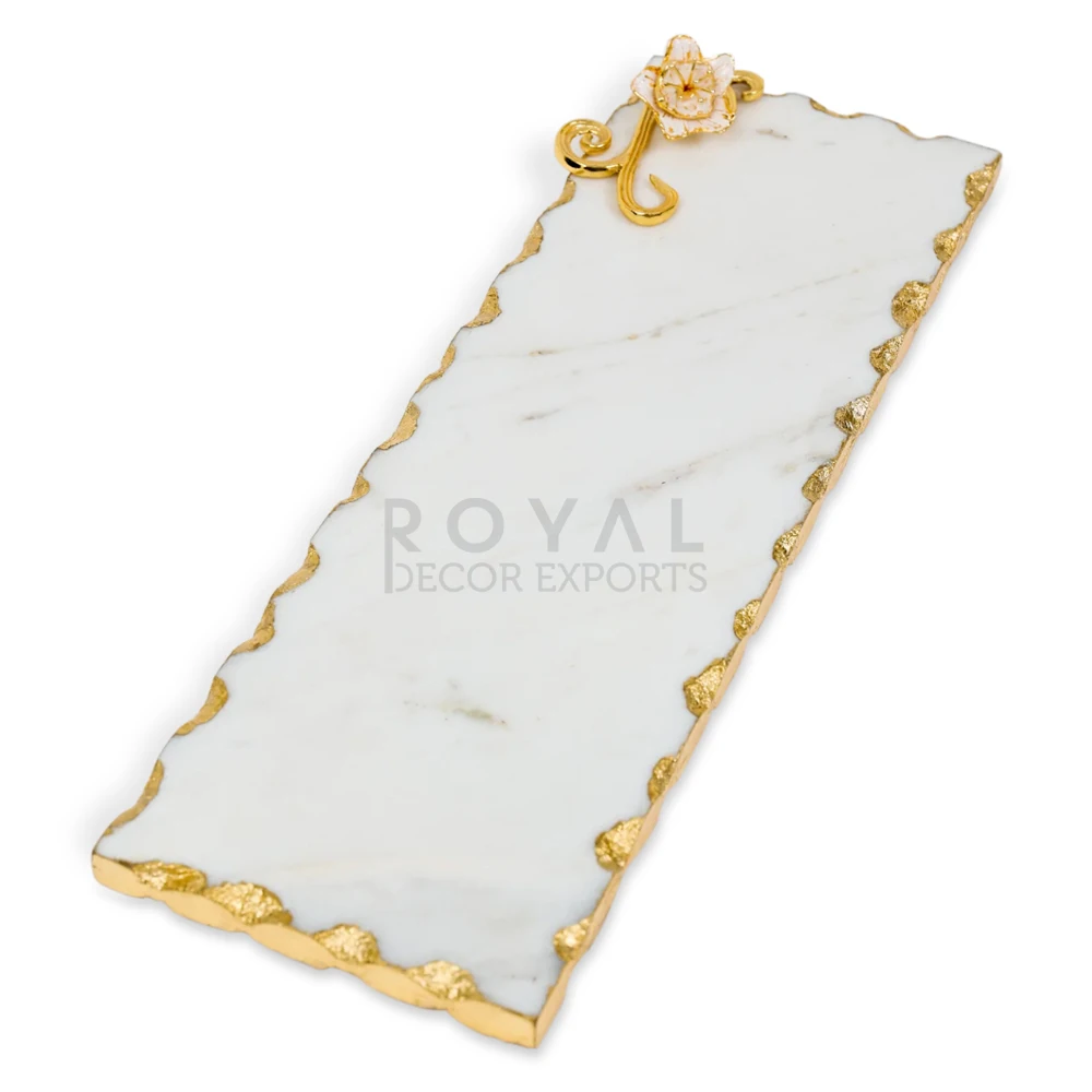 Decorative Luxury Small Rectangular Marble Tray With Gold Flower Fancy Marble Tray With Gold Edge Decorations For Events Wedding