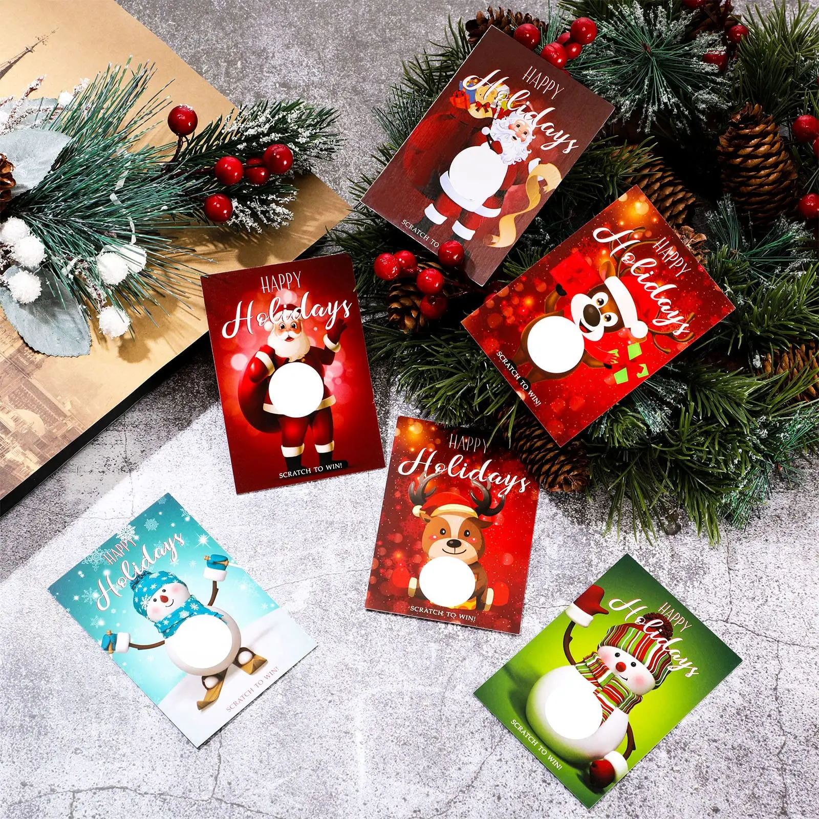 Xmas Blank Holiday Lottery Cards with Patterns of Snowman Elk Christmas Scratch Off Cards for Festive Raffle Ticket Supplies
