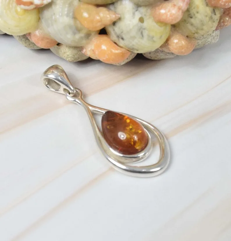 Amber Pendant 925 Sterling Silver Gemstone Designer Pendant Genuine Amber Pendant Pear Shape Natural Amber Gift For Easter Day
