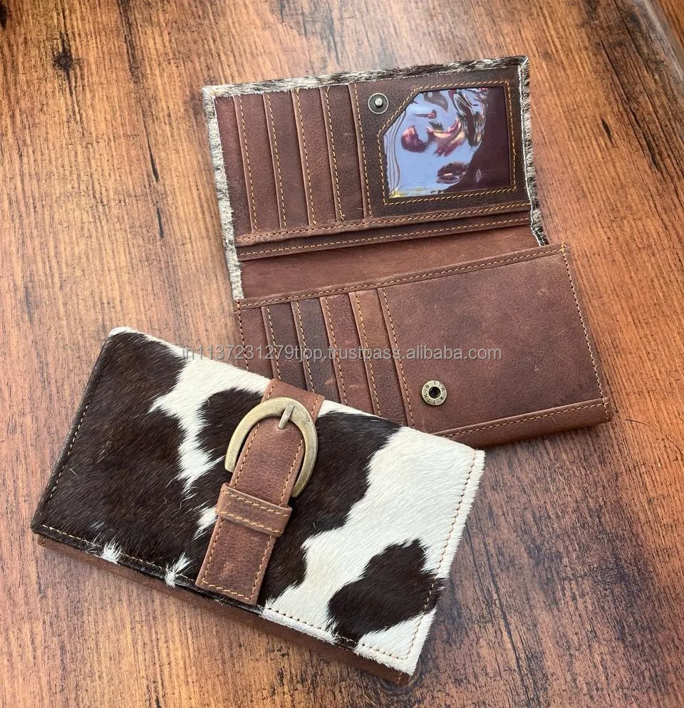 New Real Handmade Hair On Hide Wallets for Women Slim Wallet Bifold Leather Snap Fur Clutch Purse Real Cow Hide Fur Purse Wallet