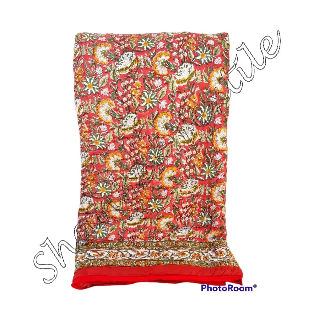 Jaipuri Indian Cotton Floral Print Queen Size Bedspread Rajai Ethnic Handmade Blanket Comfort Gudri Decor