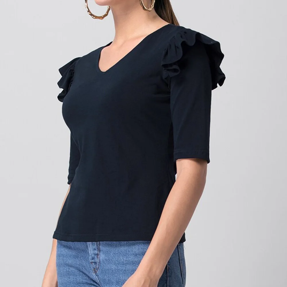 High Quality Casual Wear Summer V Neck Ruffle Women Top / Wholesale Price Solid Color Half Sleeves Tshirt For Women