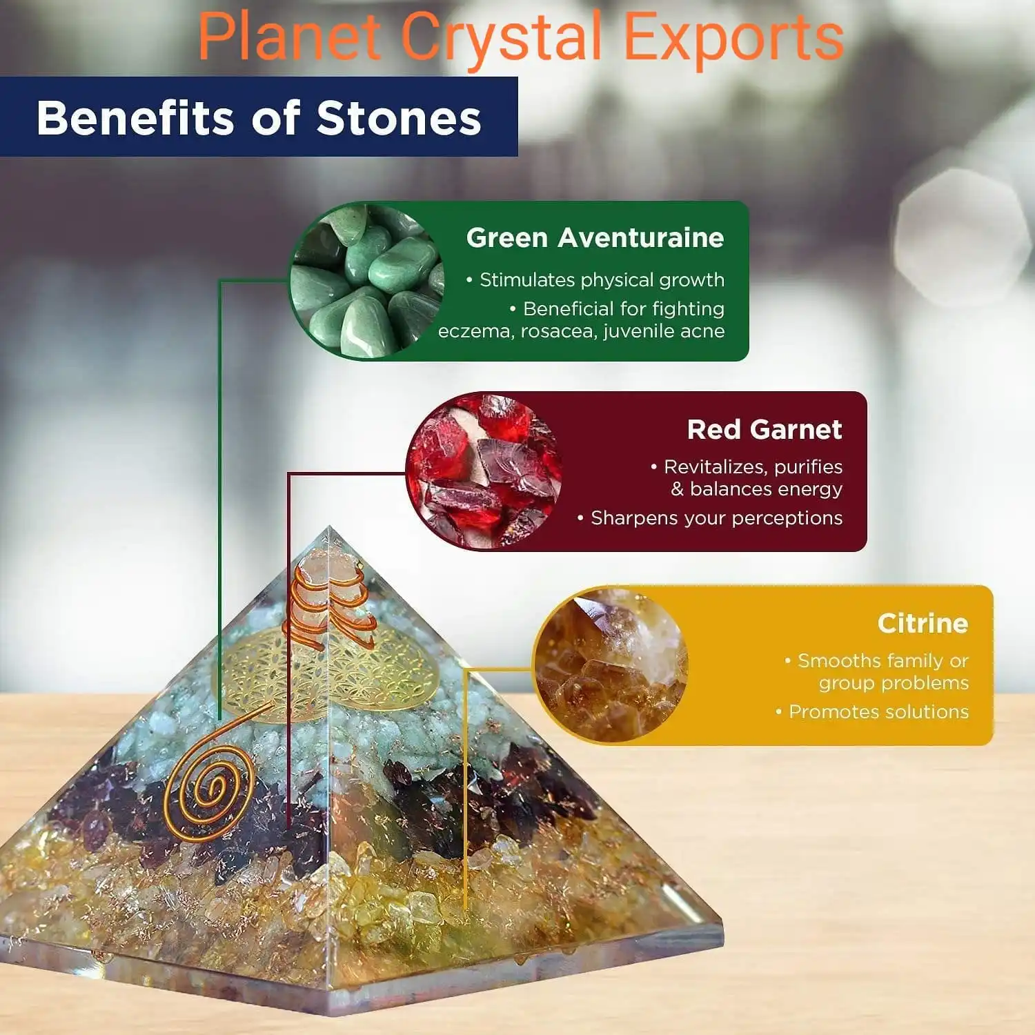 Orgonite Crystal Triple Money Pyramid Energy Generator Promotes Wealth & Prosperity With Green Aventurine, Red Garnet & Citrine