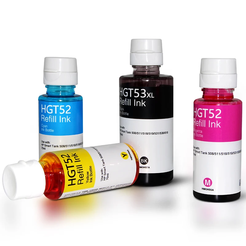 Hot Sale Refill Ink 135ml K 70ml CMY Hp HGT52/GT53XL Dye Ink for Smart Tank 508/511/518/519/531/538/618