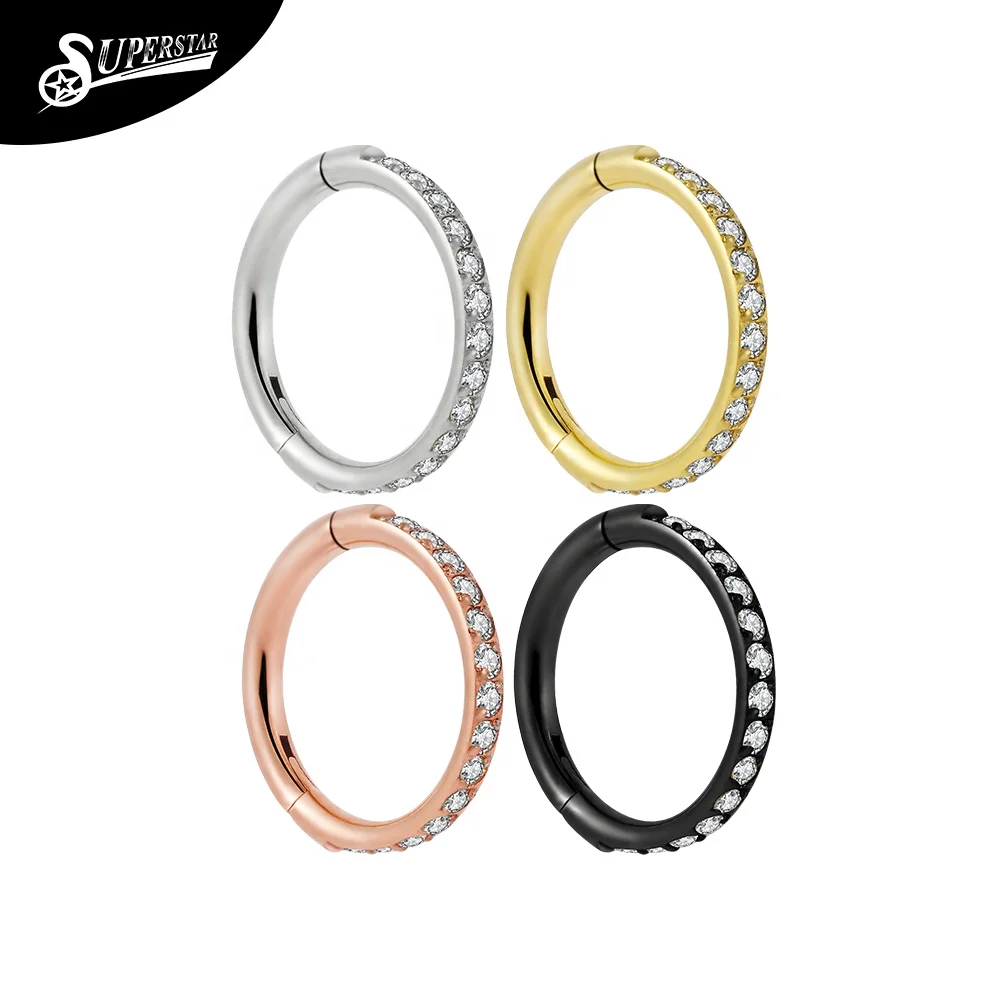Superstar G23 titanium fine carving hinged segment clicker septum nose ring side inlay 15 white zircon PVD body piercing jewelry