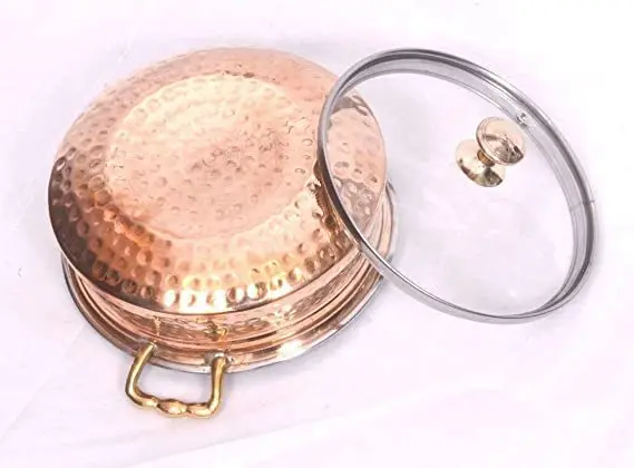 Wholesale Prices Indian Manufacturer Mughlai Stainless Steel Copper Hammered Handcrafted Serving Dishes Royal Handi Glass Lid