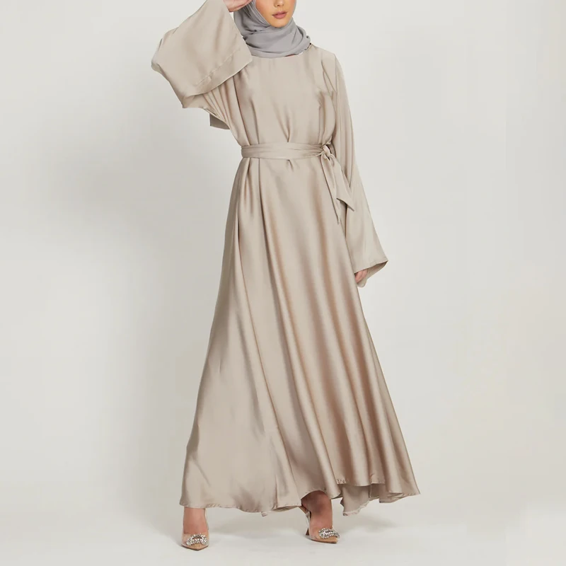 Custom Abaya Femmes Robe Musulmane Crew Neck Solid Color Women Maxi Dress Ladies Satin Muslim Long Dress Islamic Clothing