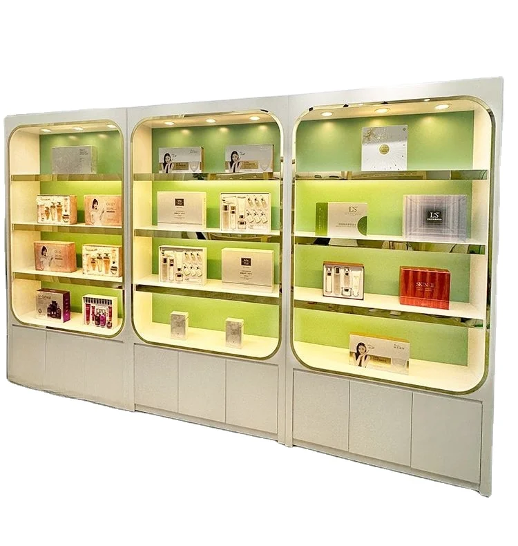 Guangdong Meicheng Cosmetic display cabinet make up products display shelving Spa Slon display  counter  hairdressing shop rack