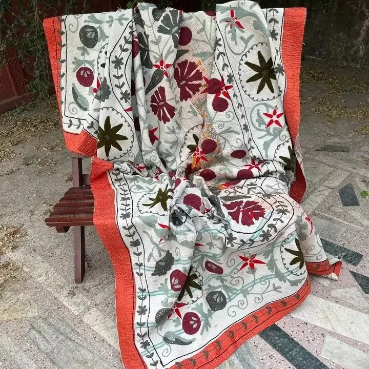Vintage Indian Kantha Quilt Hand Embroidered Cotton Throw