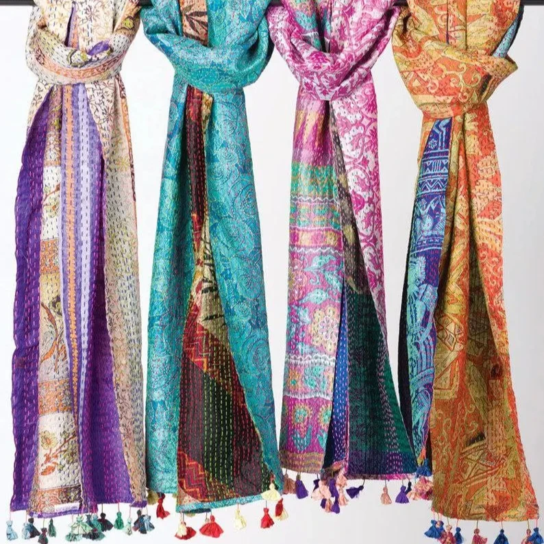 Indian silk Reversible shawls kantha scarf Scarves for women Quilt scraps kantha silk Hippie Vintage Handmade Scarf