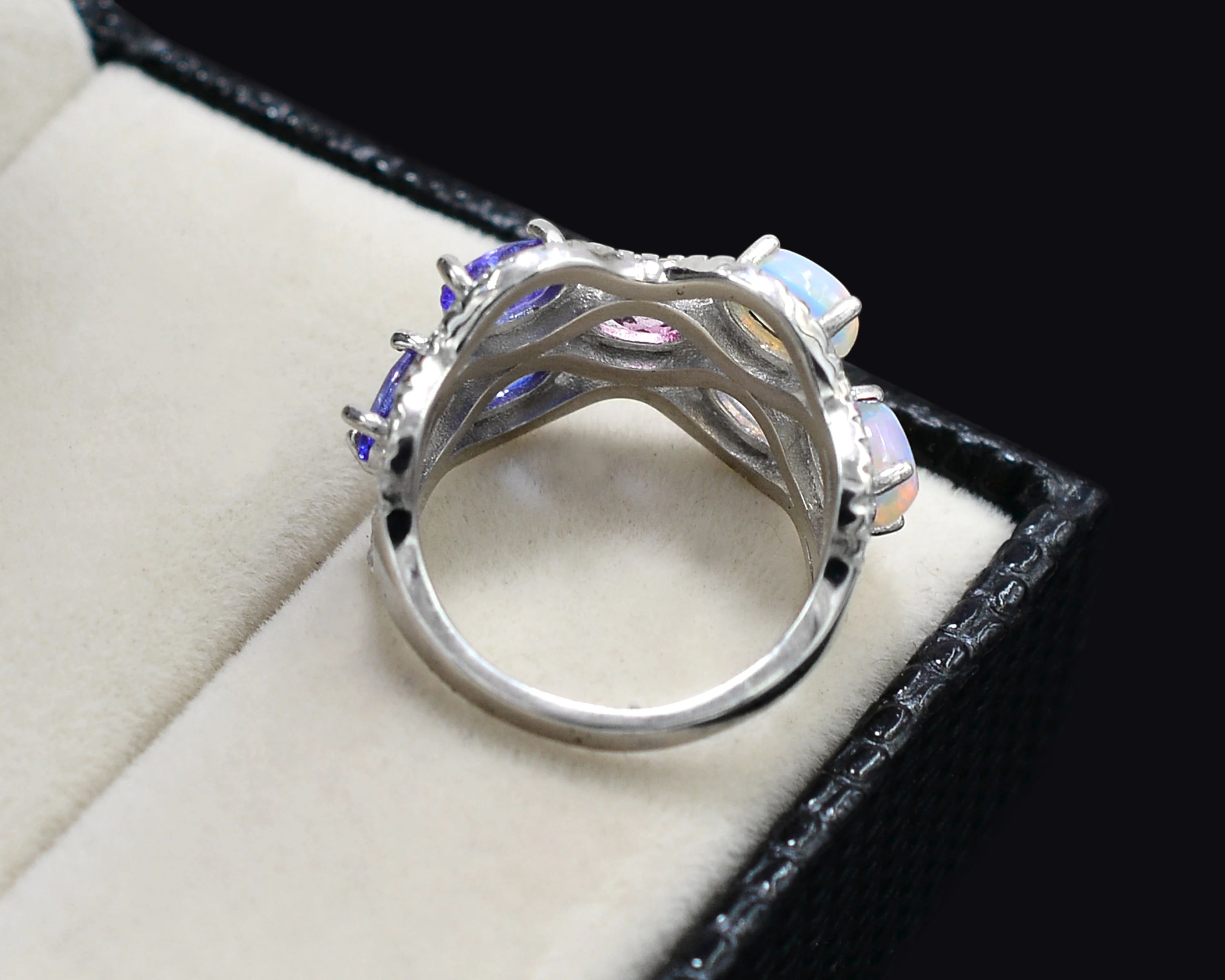 Natural Opal Tanzanite Fire Opal Pink Topaz Oval Multi Gemstone 925 Sterling Silver Cluster Wedding Ring Indian Manufacturer