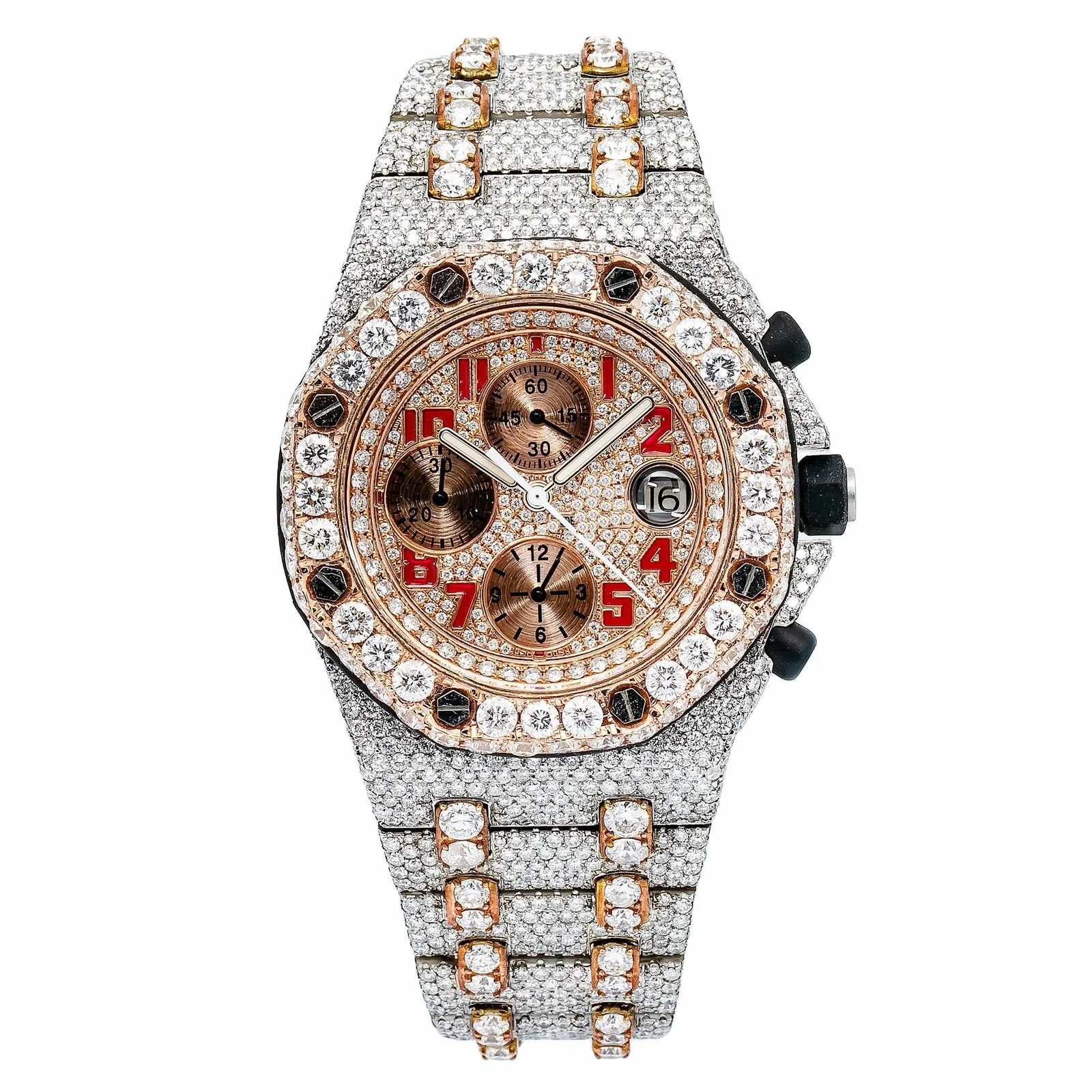 High Demand Luxury Watches Antique Iced Red Number VVS Clarity Moissanite Rose Gold Diamond Quartz Movement Best Price PC Case