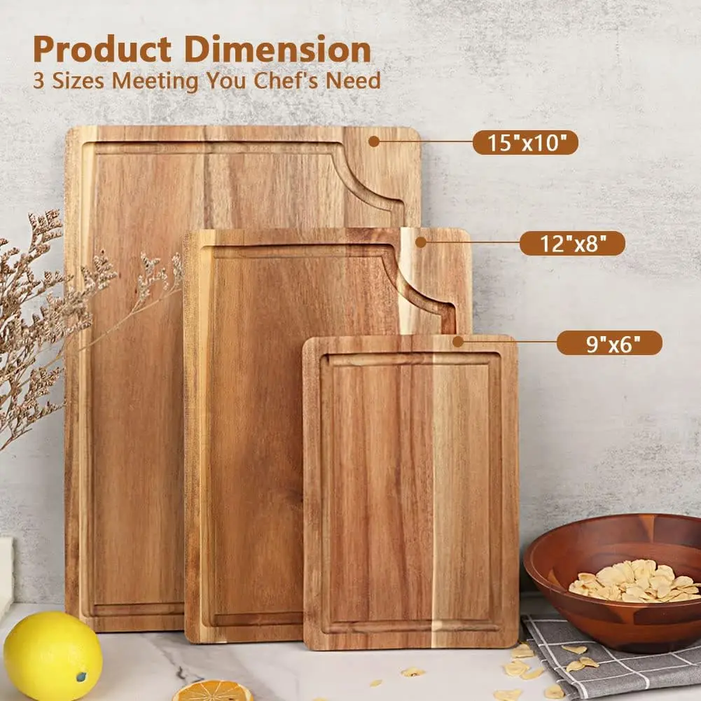 Acacia Wood Cutting Board Set with Juice Groove (3 Pieces)  for kitchen, Butcher Block Cutting Board for Meat, Vegetable