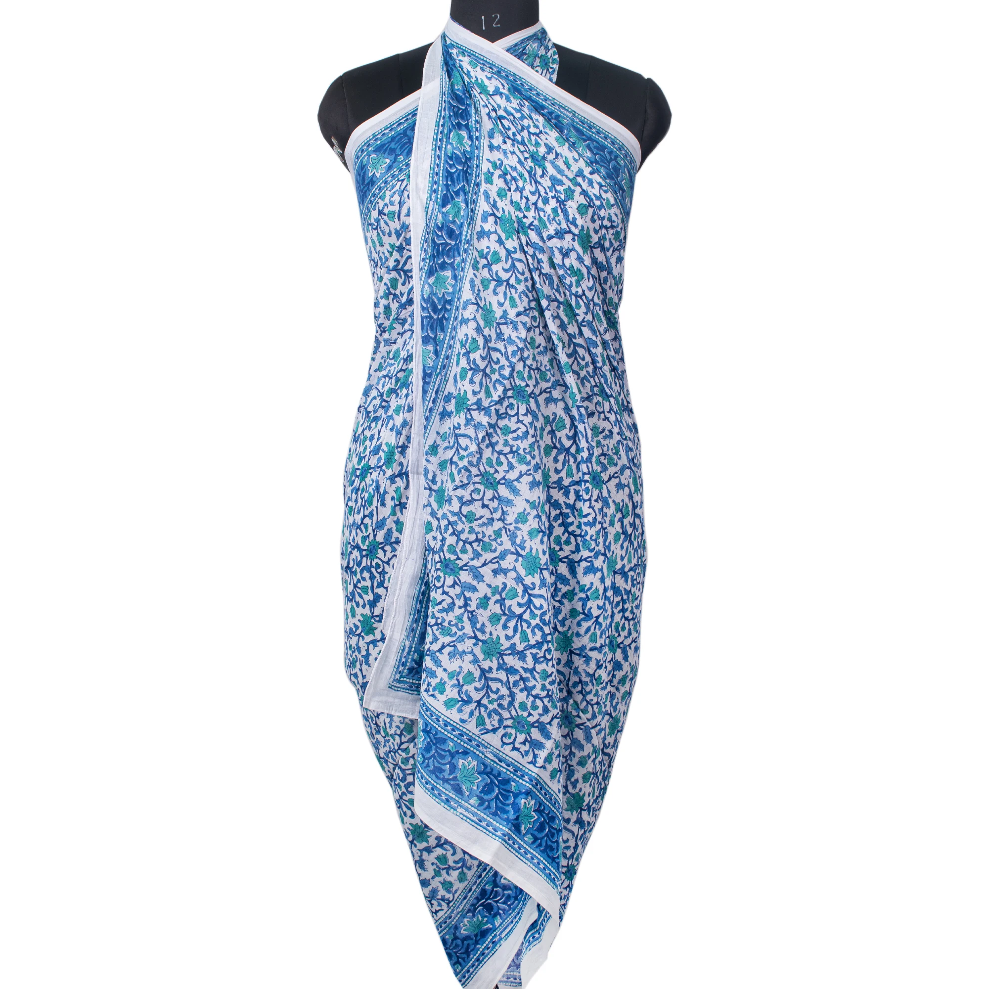 Ethnic Style Head Wrap Scarves Floral Block Printed Cotton Scarf Indian Handmade Sarong White Beach Cover Ups Pareo Wholesale