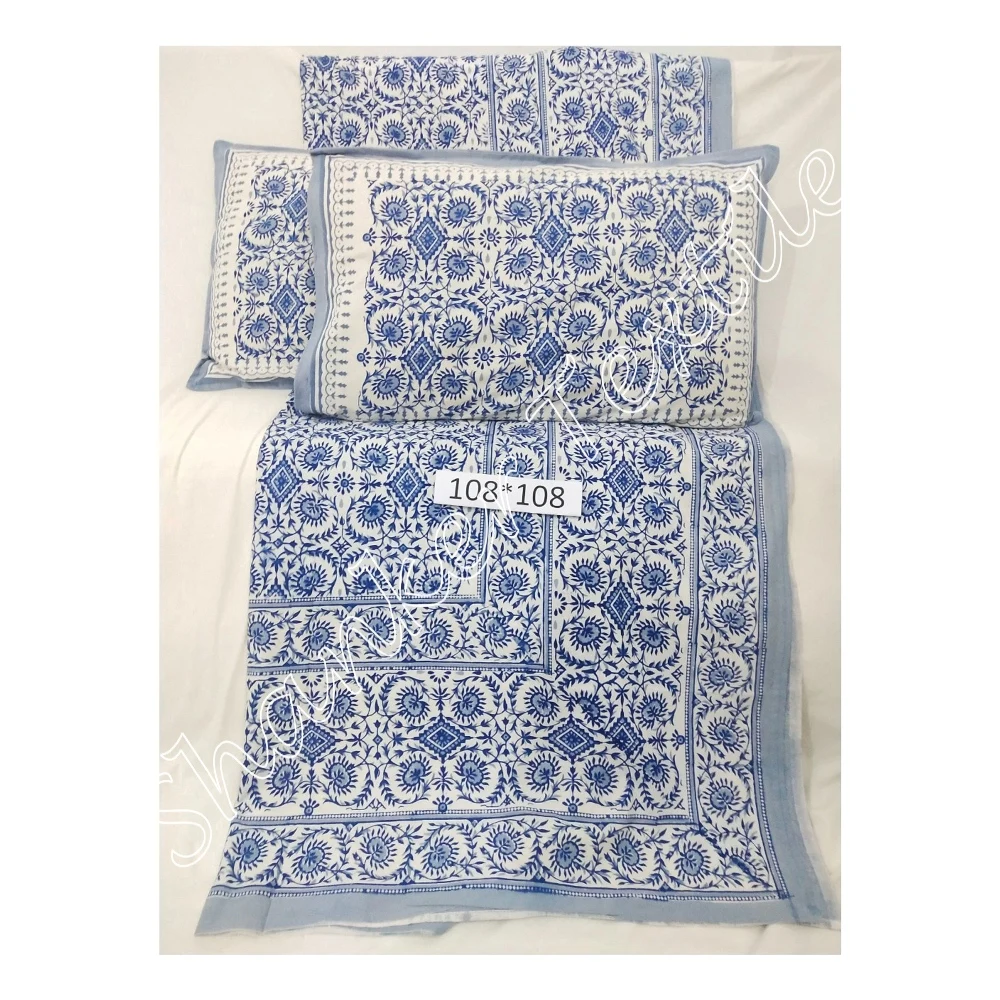 Beautiful Handcrafted Indian Cotton Fabric Bedding 3 Pcs King Size Sheet with Pillow Cover New Print for Home and Hotel Use