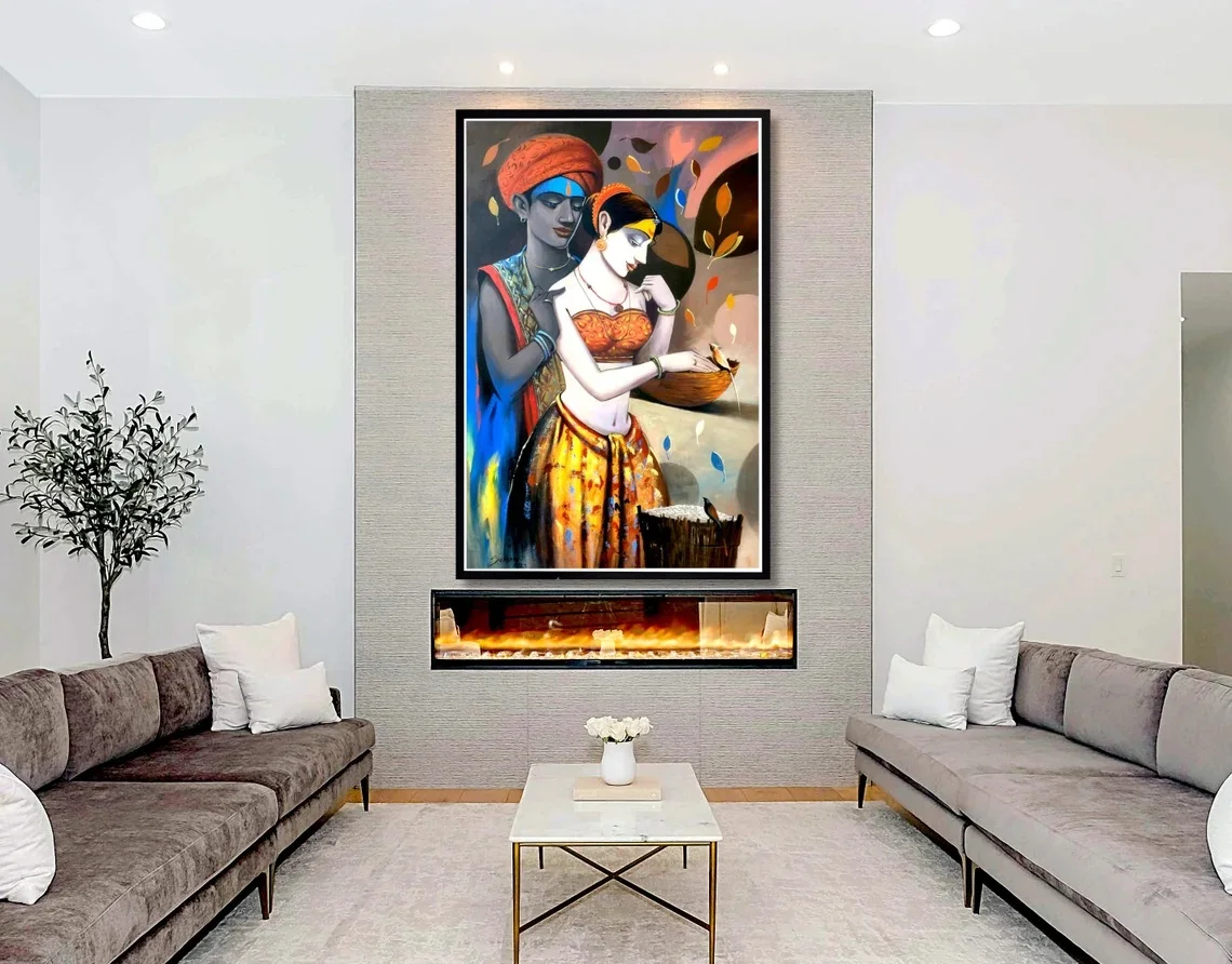 Extra Large Canvas Painting Radha Krishna Acrylic Painting Hindu Religious Art Best Handmade Gift for Her Family Home Decor