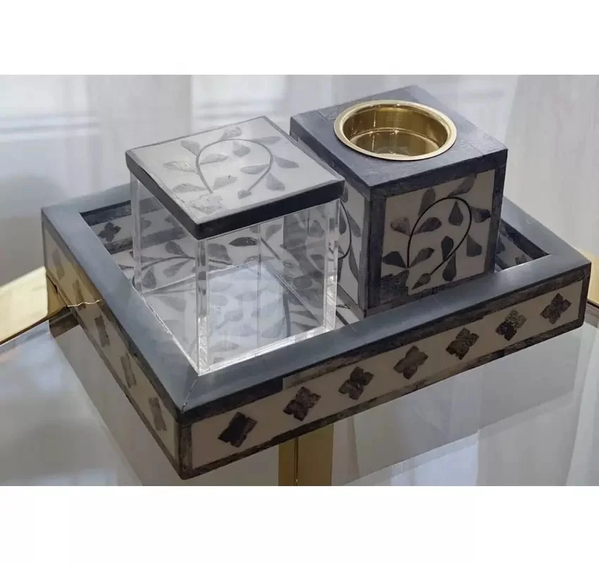 Indian Factory Bone Inlay Oud Burner Customized Bone Inlay Tray Arabian Bakhoor Set Box Tray Incense Burner Set
