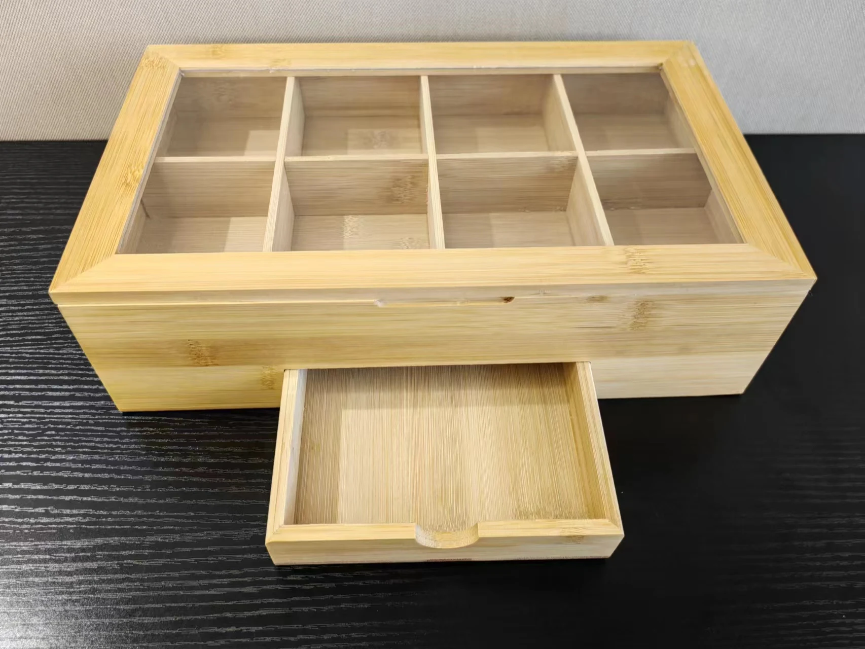 Christmas Gift Multi-functional 8 Slots Tea And Coffee Bag Storage Wooden Chest Bamboo Organizer Box For Countertop & Drawer