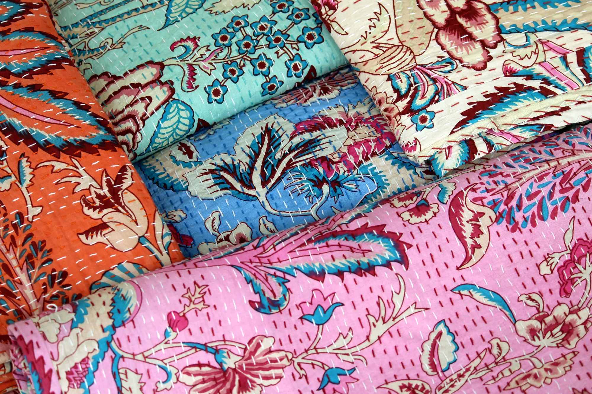 Kantha Quilt Indian Hand Printed Floral King Quilt Single Pure Cotton Bohemian Bed Cover