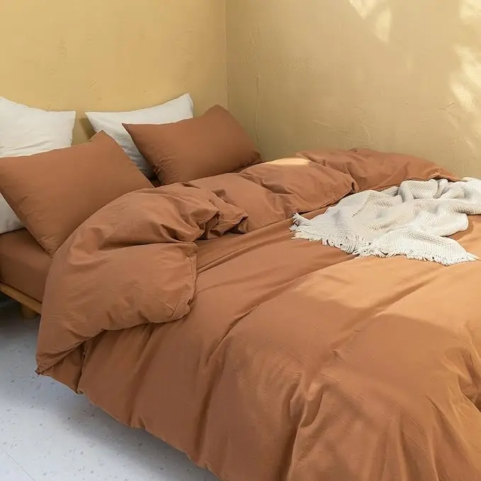 FOSSA Duvet Cover Set 100% Washed Cotton Feel Super Soft Breathable Cozy Simple Style 3 Pieces Bedding Set Solid Dark Orange