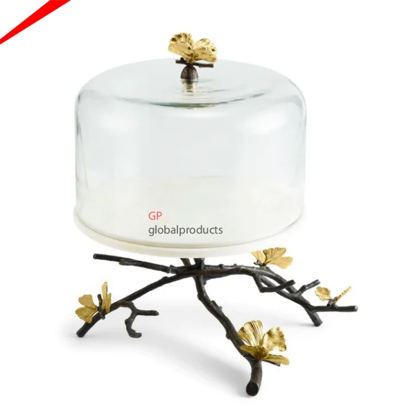 luxury decorative metal golden butterfly base cake stand with glass dome tabletop centerpiece cake stand