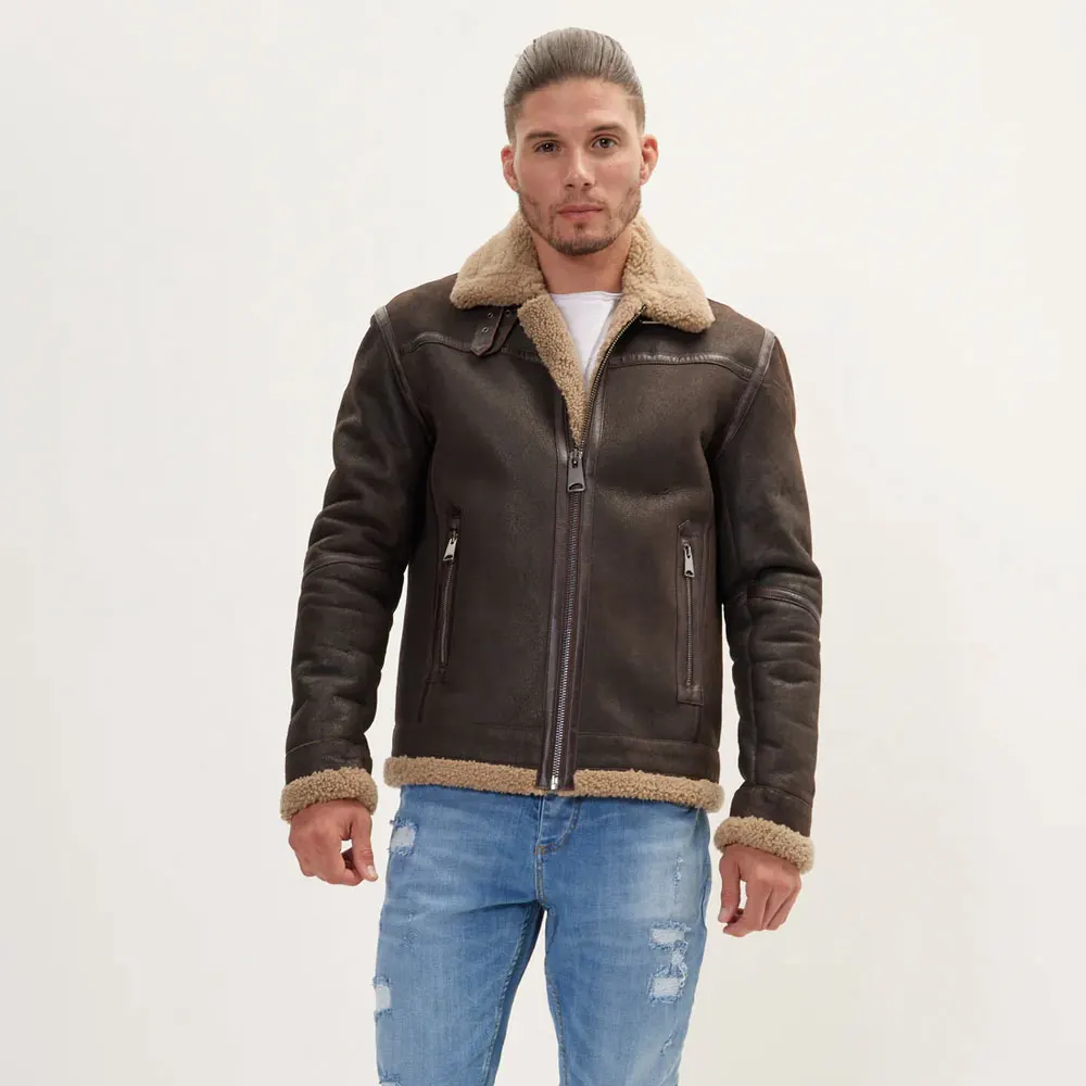 Premium Shearling Lined Leather Jacket Brown Luxurious Winter Fashion Outerwear for Men Casual Fashion Wear