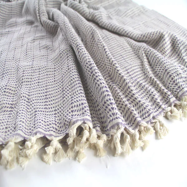 Turkish Handwoven Cotton Blanket Bedspread Winter Season Sofa Cover with Woven Pattern Purple Chess Throw for Bedding
