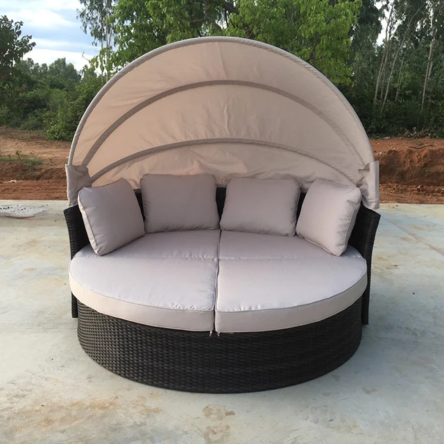 Wicker Furniture Outdoor Patio Round Daybed with Retractable Canopy, Sectional Seating with Washable Cushions, Backyard