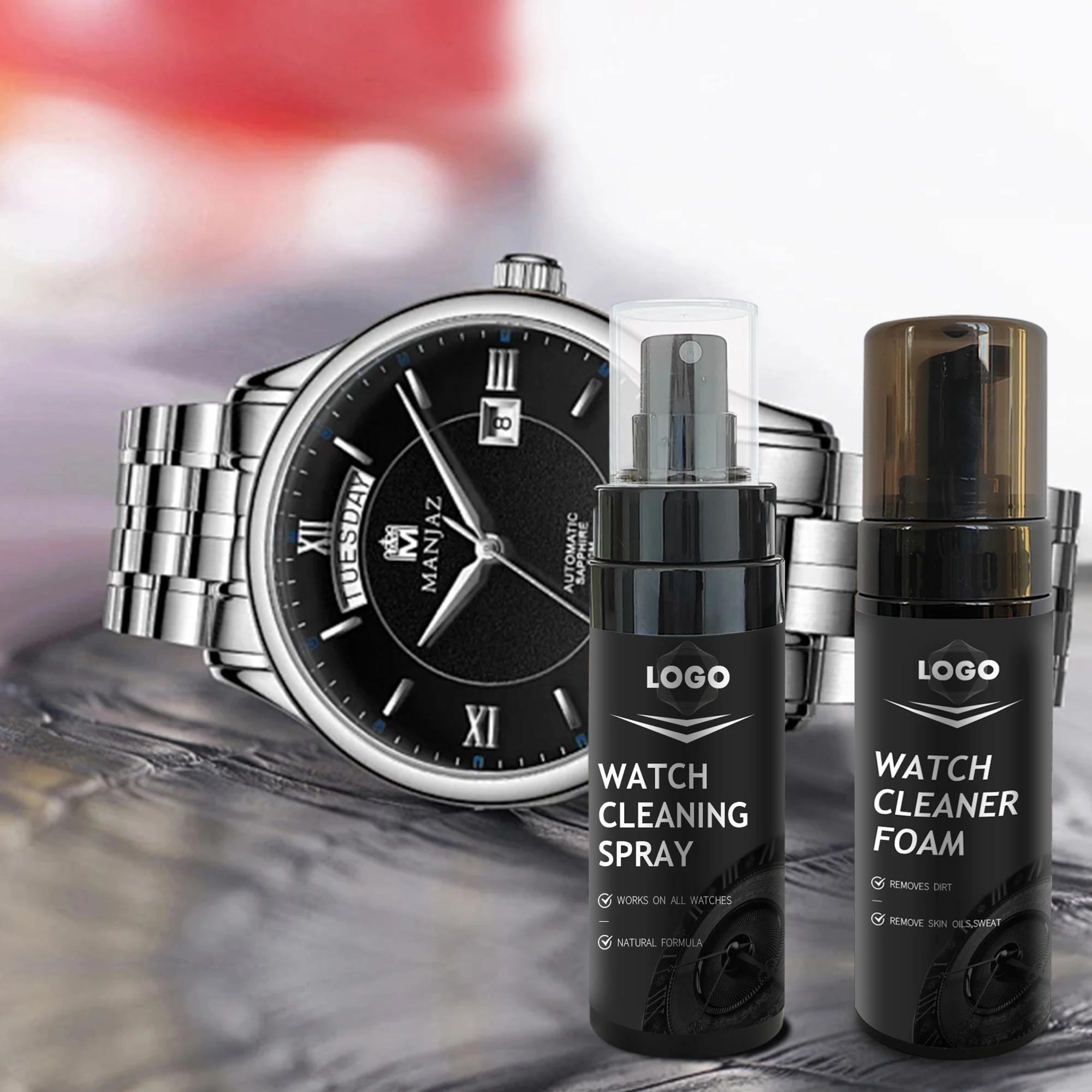 Premium High Quality Watch Maintenance Kit Cleaner Solution, Soft Brush and Microfiber Cloth for Precision Care