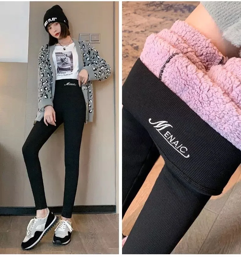 Winter Super Thick Plush Thermal Women Pants Tights Fashion Vertical Stripes Thin Leg Fleece Fuzzy Warm Women Leggings