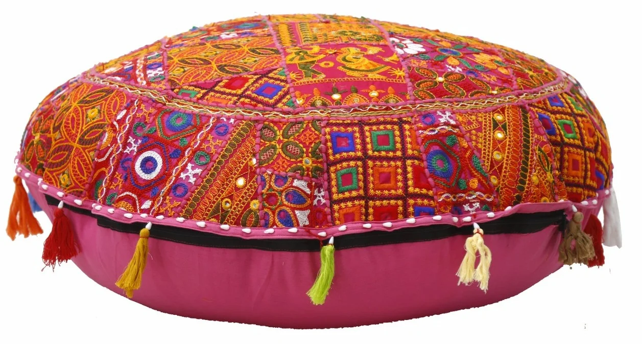 Handmade Decorative Floor Cushion Cover Patchwork Gujarati Round Cushion Party Decor Floor pillow Home Decor Khambadiya Cushion