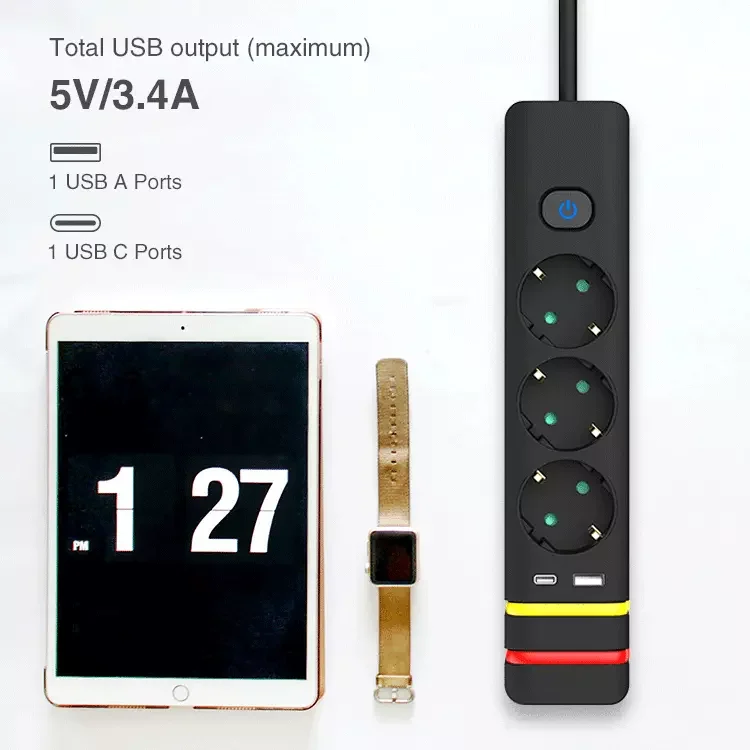 Latest Product Black Multiply Devices 3 Way Power Strip Schuko Socket for Home Office 1.4m Cable With USB and Charging Cable