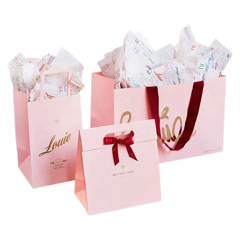 Printed Pink Elegant Brand Logo Luxury Boutique Shopping Paper Bag Custom Logo White Paper Gift Bags With Ribbon Handles