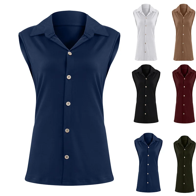 In Stock Wholesale Summer Single Breasted Sleeveless Blouses Casual Vacation Slim Cardigan Shirt Tops For Womens