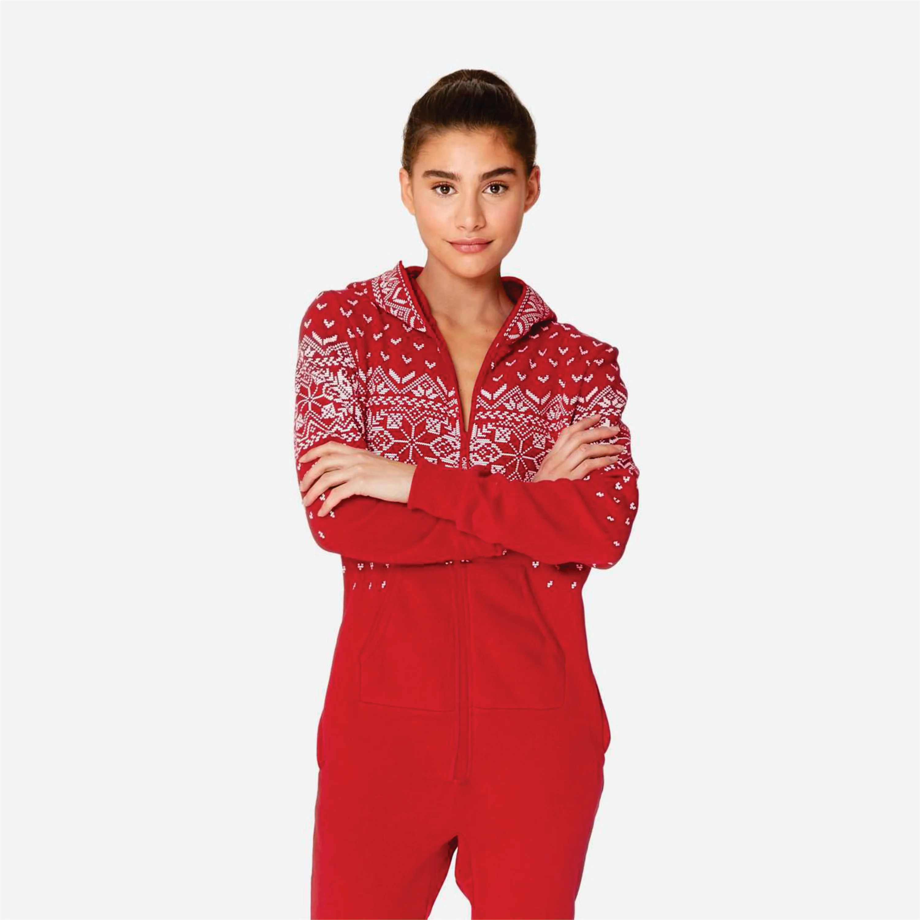 Print Detail and Embroidered Logo 50% Polyester 50% Cotton Side Pockets with Zipper Closure Unisex Red Alpine JumpsuitBreathable