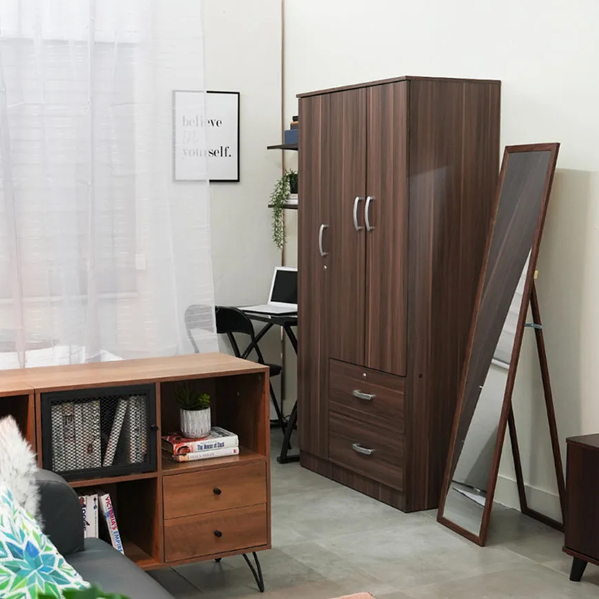 Factory Wholesale Closet Wood Veneer Wardrobe 3-Door Armoire with Two Drawers Four Shelves and Hanging Rod
